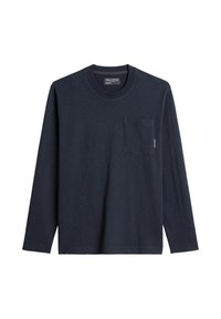 Granatowa koszulka z długim rękawem wykonana z miękkiego materiału, z okrągłym dekoltem i kieszonką na piersi. Minimalistyczny design z subtelną fakturą.