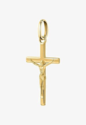 Gouden kruis hanger met gedetailleerde Jezusfiguur met uitgestrekte armen op een eenvoudige kruis met aangehechte lus voor ketting.
