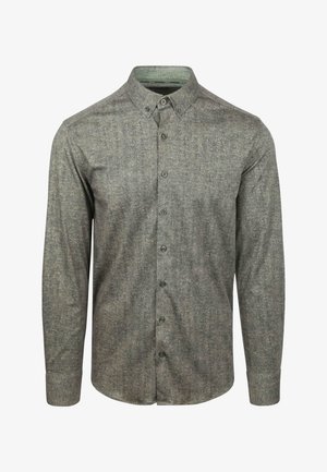 Heren overhemd met lange mouwen en knoopsluiting, voorzien van een visgraatpatroon in gedempte groene en bruine tinten. Het shirt heeft een knoop down-kraag en knopen aan de voorkant.