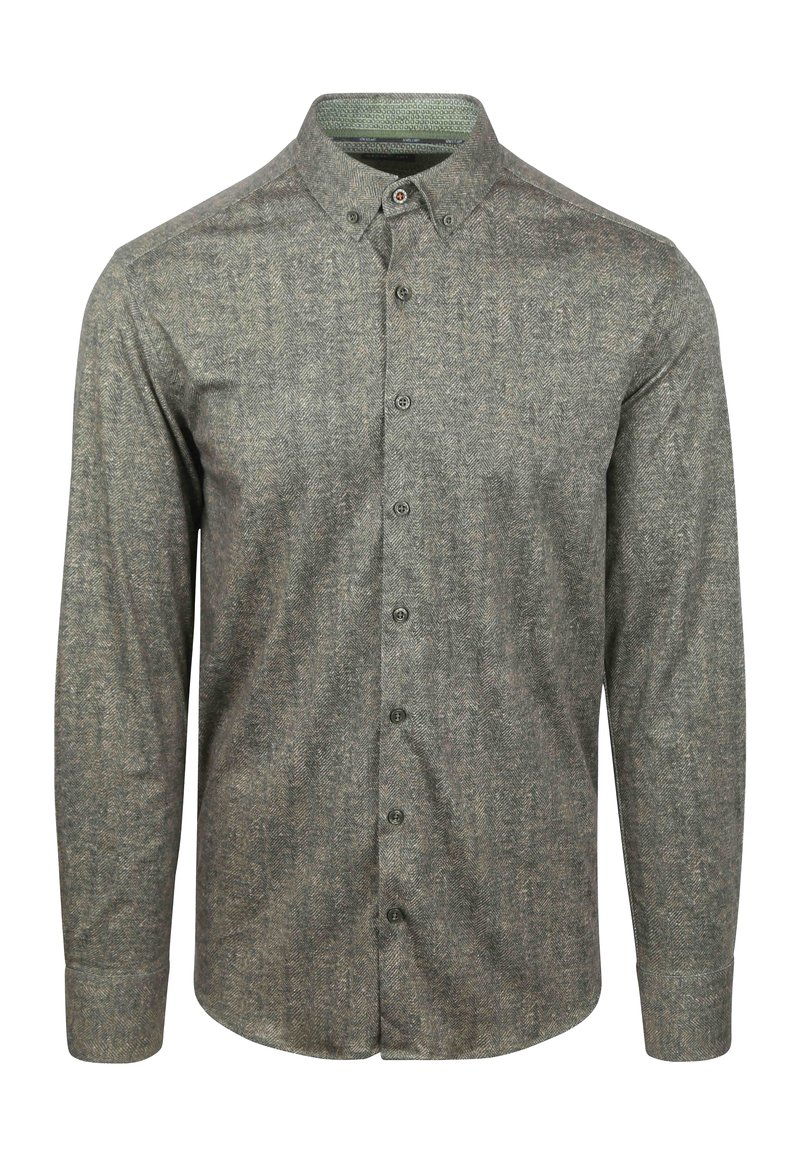 Heren overhemd met lange mouwen en knoopsluiting, voorzien van een visgraatpatroon in gedempte groene en bruine tinten. Het shirt heeft een knoop down-kraag en knopen aan de voorkant.