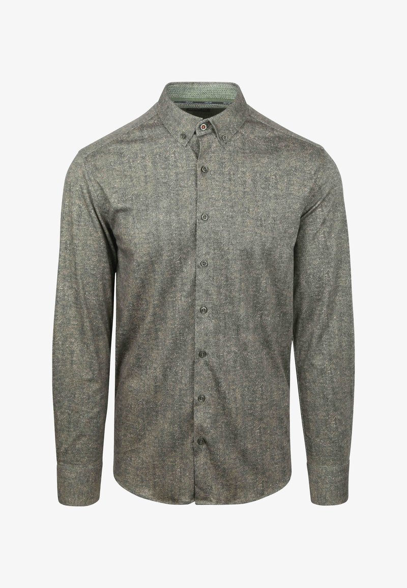 Herren Langarm-Hemd mit Fischgrätmuster in gedeckten Grün- und Brauntönen, mit Button-Down-Kragen und vorderer Knopfleiste.