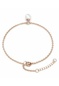 Bracciale in oro rosa con accentatura di una perla tonda, link intricati, chiusura regolabile e catena di estensione per la regolazione della misura.