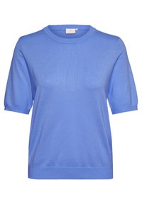 Maglione a maniche corte blu in maglia con collo rotondo e orli e polsini a costine, taglia media, design semplice.