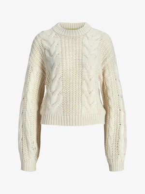 Kohvikreemist kaelusega kaelussveter, millel on soonikkoes ailja ja tekstureeritud varrukad. Kanga sees on paksu ja õhukese mustriga detailid.