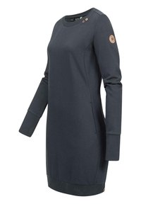 Tmavomodré šaty so sweatshiru, dlhé rukávy, zaoblený výstrih, rebrované manžety, detaily bočného švu a dve dekoratívne gombíky na pleci.