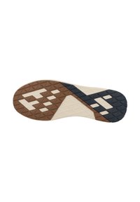 Semelle en caoutchouc avec un schéma de couleurs marron, crème et marine. Surface texturée avec des motifs géométriques pour une meilleure adhérence.