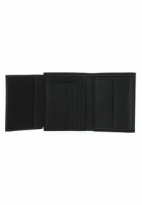 Portefeuille en cuir noir avec un design pliable. Comprend plusieurs emplacements pour cartes et un compartiment spacieux, mettant en valeur une texture lisse et un style minimaliste.