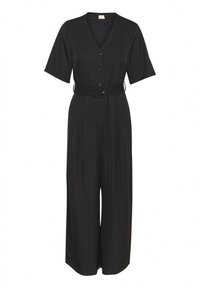 Svart jumpsuit med korta ärmar, v-ringning, knappstängning framtill, bälte vid midjan och vida ben, tillverkad av ett mjukt tyg.