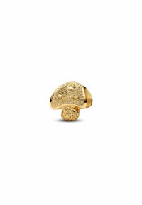 Goldfarbene Pilzskulptur mit einer strukturierten Kappe und glatten Details, die drei erhabene runde Akzente oben aufweist.