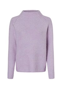 Helllila gestrickter Pullover mit hohem Kragen, langen Ärmeln und gerippten Bündchen. Verfügt über ein strukturiertes Design an den Schulternaht.