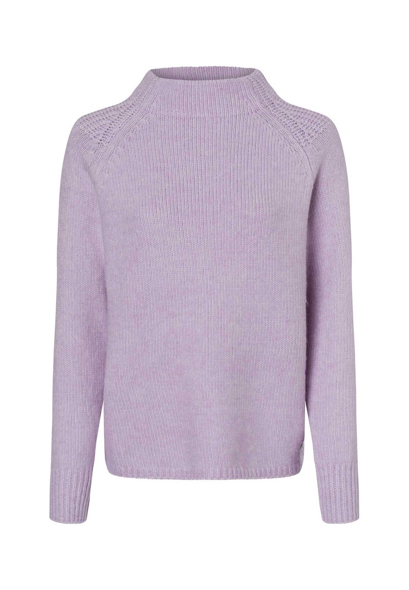 Helllila gestrickter Pullover mit hohem Kragen, langen Ärmeln und gerippten Bündchen. Verfügt über ein strukturiertes Design an den Schulternaht.