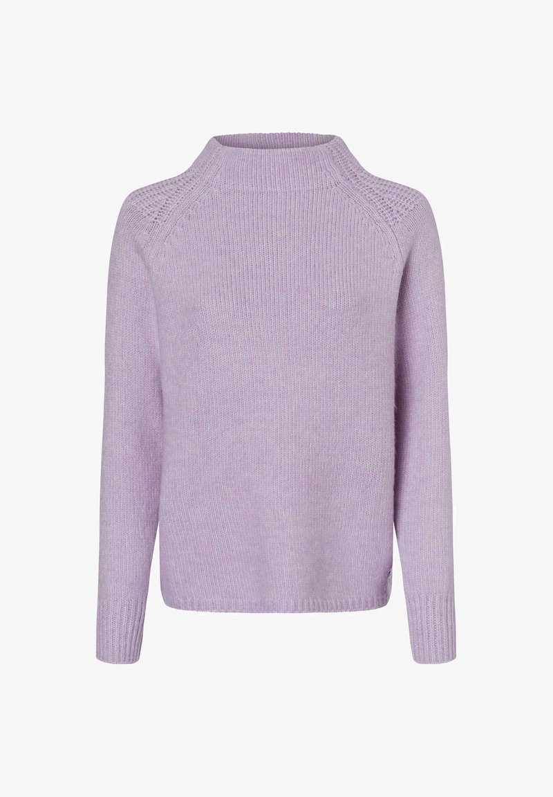 Lichtpaarse gebreide trui met een hoge halslijn, lange mouwen en geribbelde boorden. Bevat een textuurpatroon op de schoudernaden.
