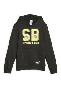 Sudadera negra con bolsillo canguro, con iconos gráficos amarillos y el texto "SB SPONGEBOB". Fabricada en tejido suave con un corte relajado. Logo de Puma en el dobladillo.