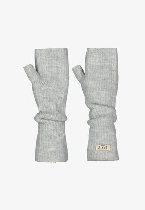 Helle grau-fingerlose Handschuhe aus geripptem Strickmaterial, mit einem umgeschlagenen Bündchen und einem kleinen Etikett auf einer Seite.