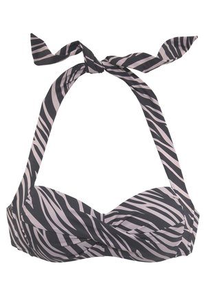 Top bikini con stampa zebra in nero e rosa chiaro. Presenta laccetti al collo e coppe sagomate con un design anteriore attorcigliato. Tessuto morbido.