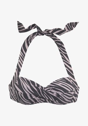 Zebramuster-Bikini-Oberteil in Schwarz und Hellrosa. Mit Halterneck-Band und gepolsterten Cups mit doppeltem Frontdesign. Glatte Stofftextur.