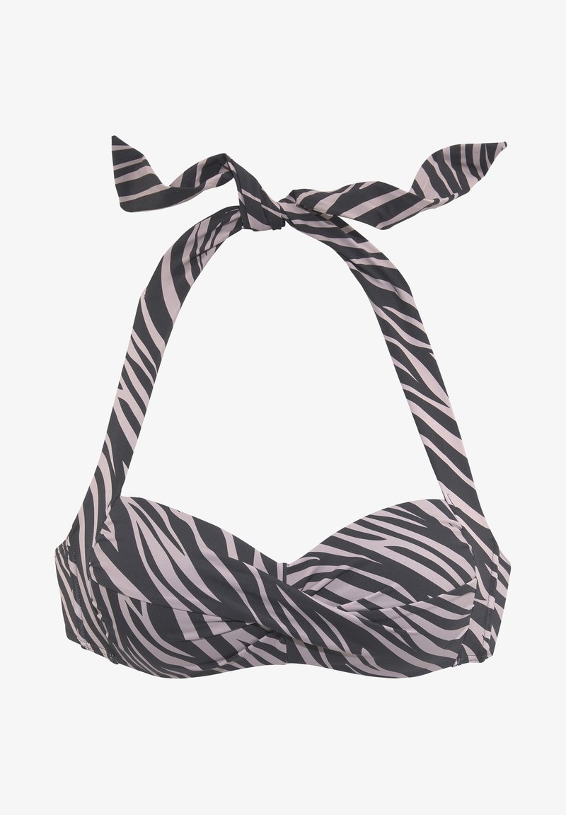 Zebramuster-Bikini-Oberteil in Schwarz und Hellrosa. Mit Halterneck-Band und gepolsterten Cups mit doppeltem Frontdesign. Glatte Stofftextur.