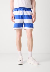 Blue and white striped swim shorts with an elastic waistband and drawstring, featuring a smooth, lightweight fabric and hemmed edges.