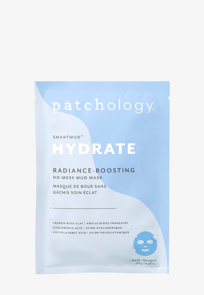 Patchology SmartMud™ Hydrate mask pouch features a light blue background with white text and a smiling mask icon at the bottom.