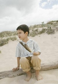 Bambino che indossa una camicia a righe blu chiaro a maniche corte e pantaloni beige, che tiene una piuma, seduto su un tronco in un terreno sabbioso.