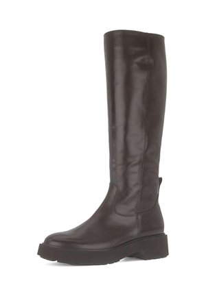 Bruine leren kniehoge laars met een sleek design, ronde neus en een dikke zool voor extra comfort en stabiliteit.