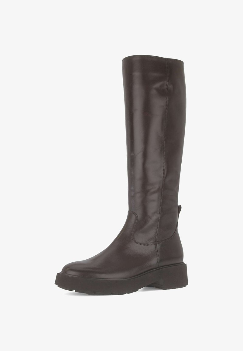 Bruine leren kniehoge laars met een sleek design, ronde neus en een dikke zool voor extra comfort en stabiliteit.