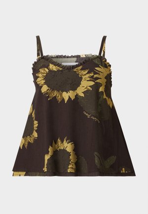 Top marrone senza maniche con stampe di girasoli gialli e sottili spalline, con scollo arricciato e vestibilità ampia.