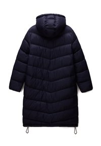 Cappotto imbottito blu navy con cappuccio, caratterizzato da un design a chevron e cordino regolabile all'orlo. Tessuto liscio e leggero.