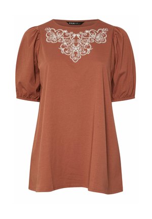 Damenoberteil in Rostfarbe mit aufgepufften kurzen Ärmeln und weißer Blumenstickerei um den Halsausschnitt.