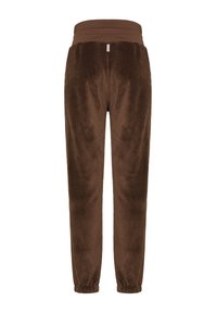 Hnědé flísové tepláky s vysokým elastickým pasem a staženými manžetami, které mají měkkou texturu a elegantní design.