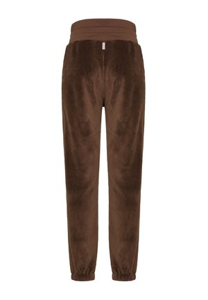 Pantaloni da jogger in pile marroni con vita alta elasticizzata e polsini arricciati, caratterizzati da una texture morbida e un design snello.