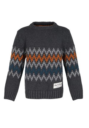Dunkelgrauer Strickpullover mit Zickzackmuster in Orange, Grau und Blau über Brust und Ärmeln, mit gerippten Bündchen und Saum sowie einem kleinen Stoffetikett.