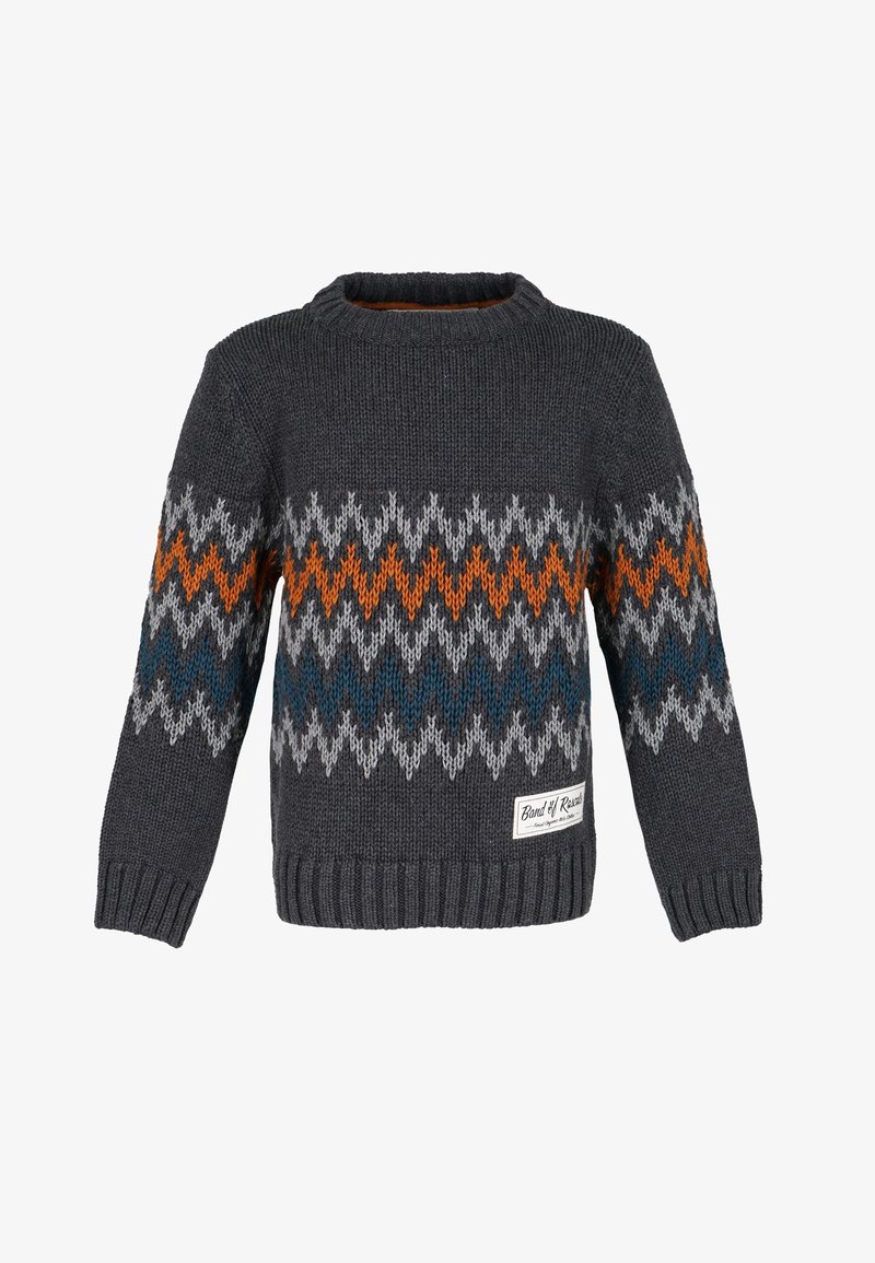 Maglione grigio scuro in maglia con motivo a zigzag in arancione, grigio e blu su petto e maniche, polsini e orlo a coste, e una piccola etichetta in tessuto.