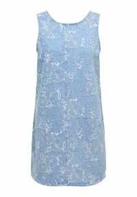 Robe sans manches en denim bleu clair avec des motifs floraux texturés et une couture verticale centrale, présentant une coupe droite et un col rond.