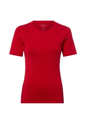 Rotes kurzärmeliges Baumwoll-T-Shirt mit rundem Ausschnitt und regulärer Passform, Größe Small gekennzeichnet.