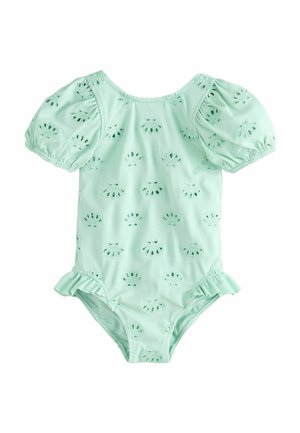 Mint green baby bodysuit with puff sleeves, embroidered scallop patterns, and small ruffles on leg openings.
