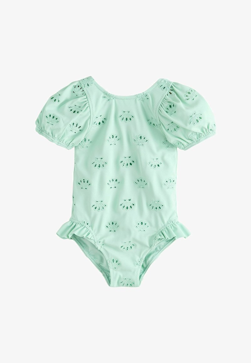 Body bébé vert menthe avec manches bouffantes, motifs brodés en forme de coquille, et petits volants aux ouvertures des jambes.