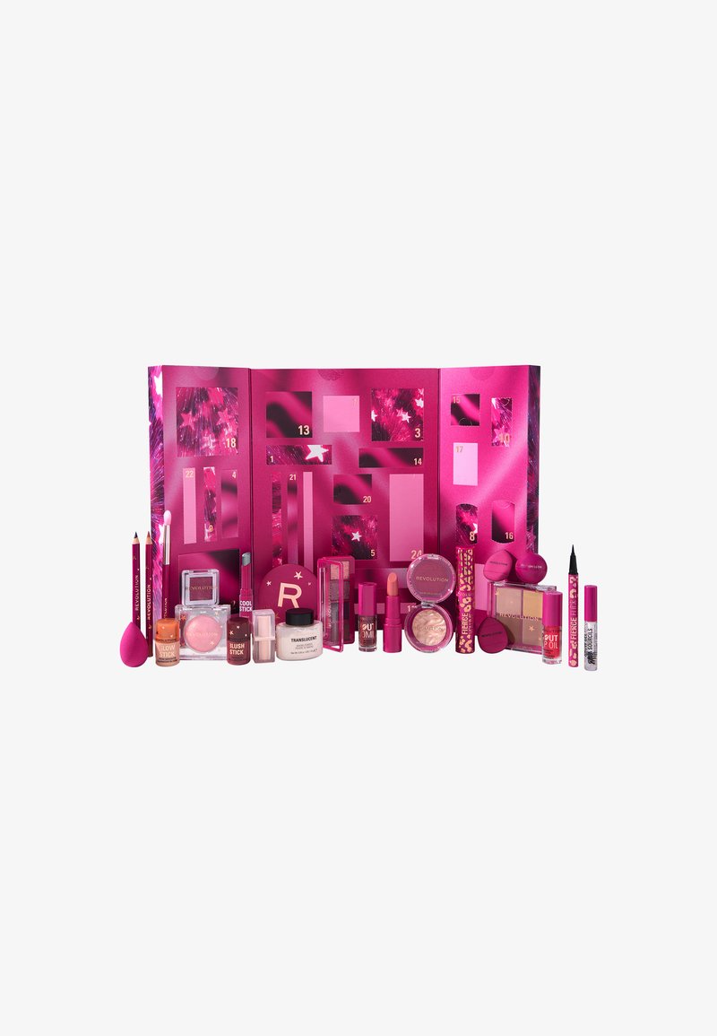 Pink-themed beauty advent calendar featuring various cosmetics, including lipsticks, blushes, a sponge applicator, and makeup tools.
