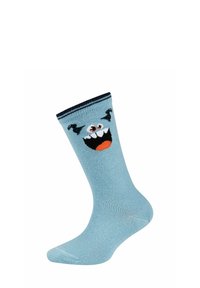 Calzino azzurro con una faccia sorridente in stile cartone animato, caratterizzata da due occhi, sopracciglia a forma di pipistrello e una bocca aperta con denti e una lingua arancione.