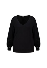 Zwarte trui met een V-hals en lange pofmouwen. Mouwen zijn voorzien van witte decoratieve kralen. Zacht gebreid materiaal met een geribbelde zoom.