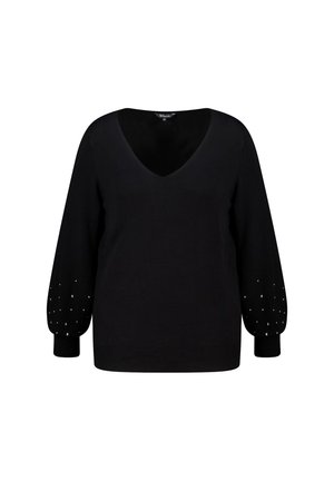 Zwarte trui met een V-hals en lange pofmouwen. Mouwen zijn voorzien van witte decoratieve kralen. Zacht gebreid materiaal met een geribbelde zoom.