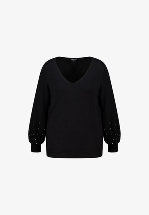 Zwarte trui met een V-hals en lange pofmouwen. Mouwen zijn voorzien van witte decoratieve kralen. Zacht gebreid materiaal met een geribbelde zoom.