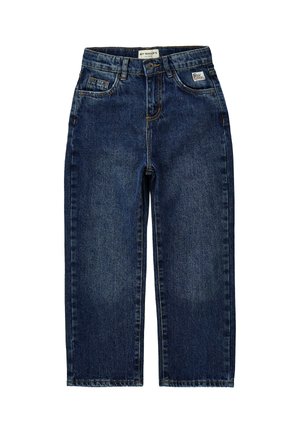 Jeans in denim blu scuro con gambe dritte, bottone e cerniera frontali, passanti per cintura e tasche frontali e porta-monete su sfondo bianco.