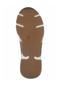 Semelle de chaussure en caoutchouc texturé brun avec des accents blancs et des rainures pour l'adhérence, bout arrondi et détail de logo.