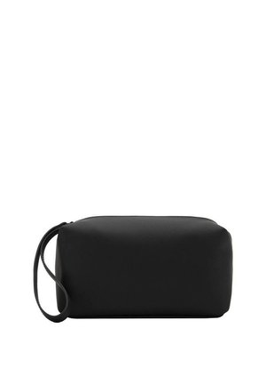 Black rectangular cosmetic bag made of smooth material, featuring a zip closure and a side handle for easy carrying.