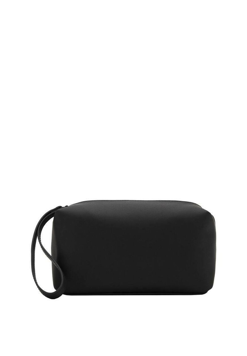 Black rectangular cosmetic bag made of smooth material, featuring a zip closure and a side handle for easy carrying.