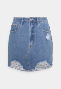 Ljusblå denimkjol med fransar och slitage, femfickdesign och metallknäppning.