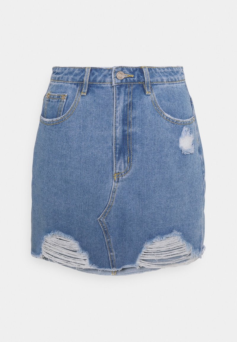 Ljusblå denimkjol med fransar och slitage, femfickdesign och metallknäppning.