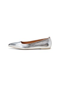 Ballerines argentées avec un bout pointu, dessus métallique lisse, design minimaliste et semelle basse de couleur claire.