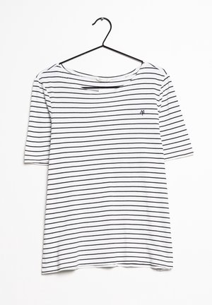White short-sleeve t-shirt with black horizontal stripes, featuring a rounded neckline and a small embroidered logo on the chest.